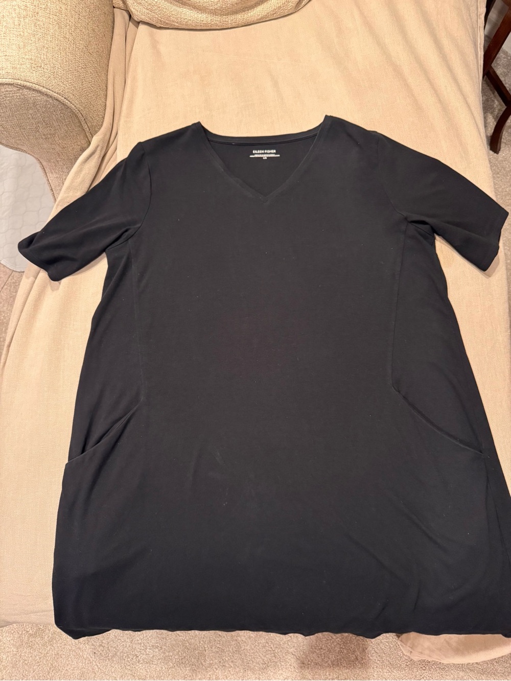 Eileen Fisher Black Cotton Spandex V-Neck Pocket T-Shirt Tunic Dress Large